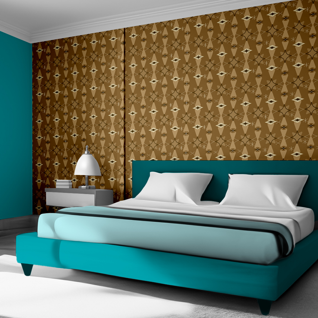 The artwork features a repeating geometric pattern of symmetrical shapes resembling elongated, curved diamonds or petals in various shades of blue and green. Each shape is split vertically with one half filled with a light blue and the other half filled with green or darker blue. The background is a light, almost pastel blue, which provides a soft yet vibrant backdrop. One of the blue shapes near the upper left contains a white starburst element, adding a focal point of brightness to the composition. The overall design conveys a modern, mid-century aesthetic with clean lines and harmonious color contrasts.